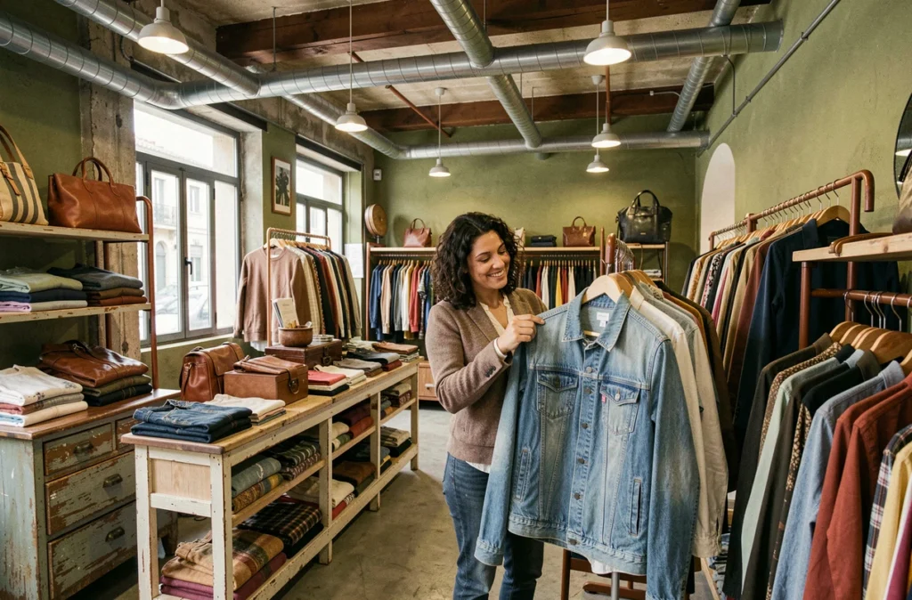 Intérieur de la friperie Machin Machine à Marseille avec une décoratrice examinant une veste en jean vintage