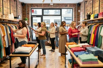 Des clients de grande taille hommes et femmes faisant du shopping dans une boutique de mode inclusive en Île-de-France