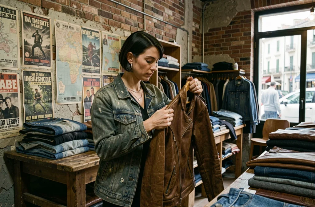 Boutique Makadam Vintage dans le 2e arrondissement de Marseille avec veste en cuir vintage et décor brut