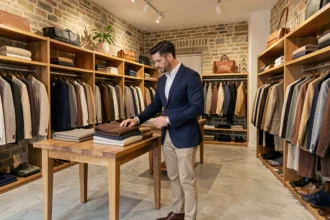 Un homme élégant explore une boutique de mode masculine dans les Pays de la Loire, illustrant le classement des meilleures enseignes de prêt-à-porter homme de la région en 2026.