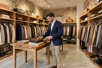 Un homme élégant explore une boutique de mode masculine dans les Pays de la Loire, illustrant le classement des meilleures enseignes de prêt-à-porter homme de la région en 2026.