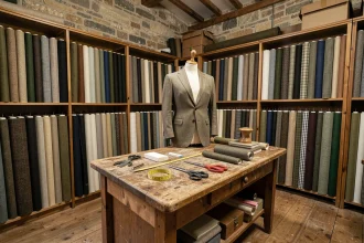 Atelier de tailleur artisanal dans les Pays de la Loire avec tissus sur mesure, outils de couture et mannequin habillé