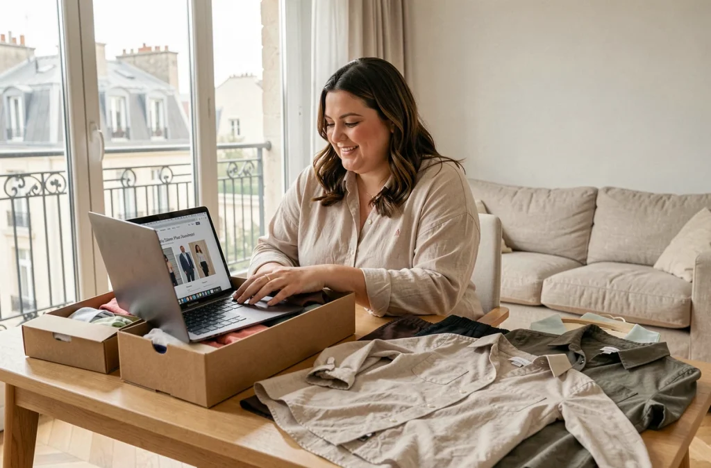 Une femme grande taille à Paris recevant une commande de vêtements commandés sur l'e-shop Navabi avec livraison en Île-de-France