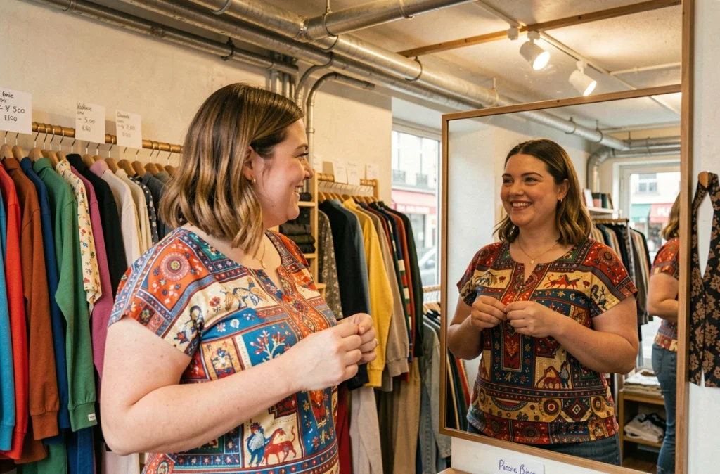 Une jeune femme grande taille essayant un haut coloré dans la boutique No Complex du 20e arrondissement de Paris