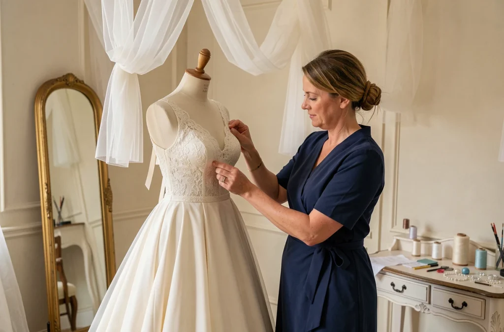 Oksana Kokhan ajustant le corsage en dentelle brodée d'une robe de mariée sur mesure ivoire dans son atelier nuptial élégant à Angers