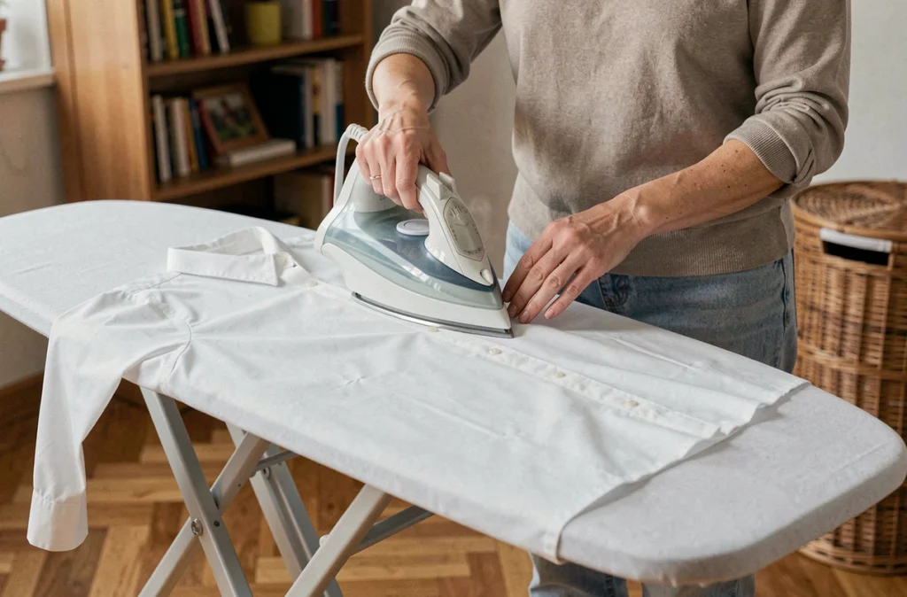 Femme repassant soigneusement une blouse professionnelle blanche sur une planche à repasser à domicile