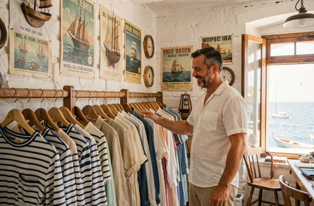 Intérieur de la friperie Santa Marius dans le 7e arrondissement de Marseille avec vêtements vintage à l'ambiance maritime