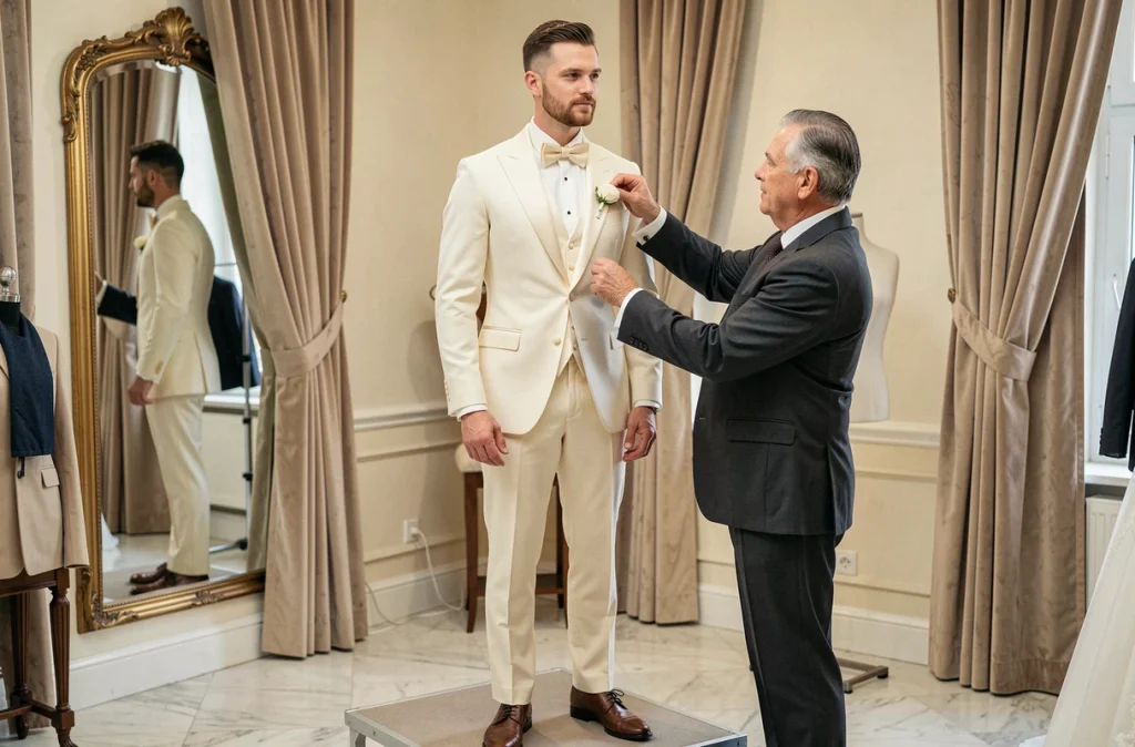 Futur marié en costume de mariage sur mesure ivoire sur une estrade d'essayage pendant que le tailleur Sartore Tailoring ajuste le col à Nantes