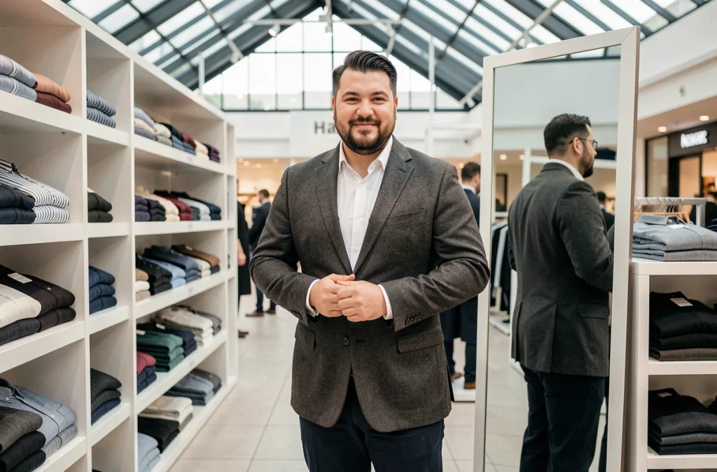 Un homme grande taille essayant un blazer bien ajusté chez Size Factory au centre commercial Carré Sénart