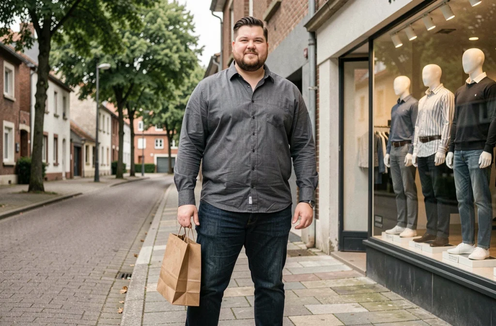Un homme grande taille bien habillé devant la boutique Size Factory Herblay dans le Val-d'Oise