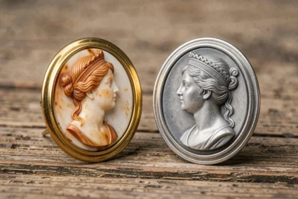 Deux camées anciens côte à côte, l'un serti en or jaune et l'autre en argent sterling, posés sur du bois chêne vieilli, comparaison de matières et de tons