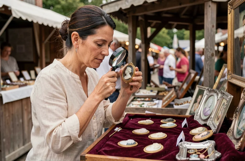 Femme examinant un camée en or à la loupe sur un stand de marché aux antiquités, avec des camées en argent visibles sur le présentoir en velours